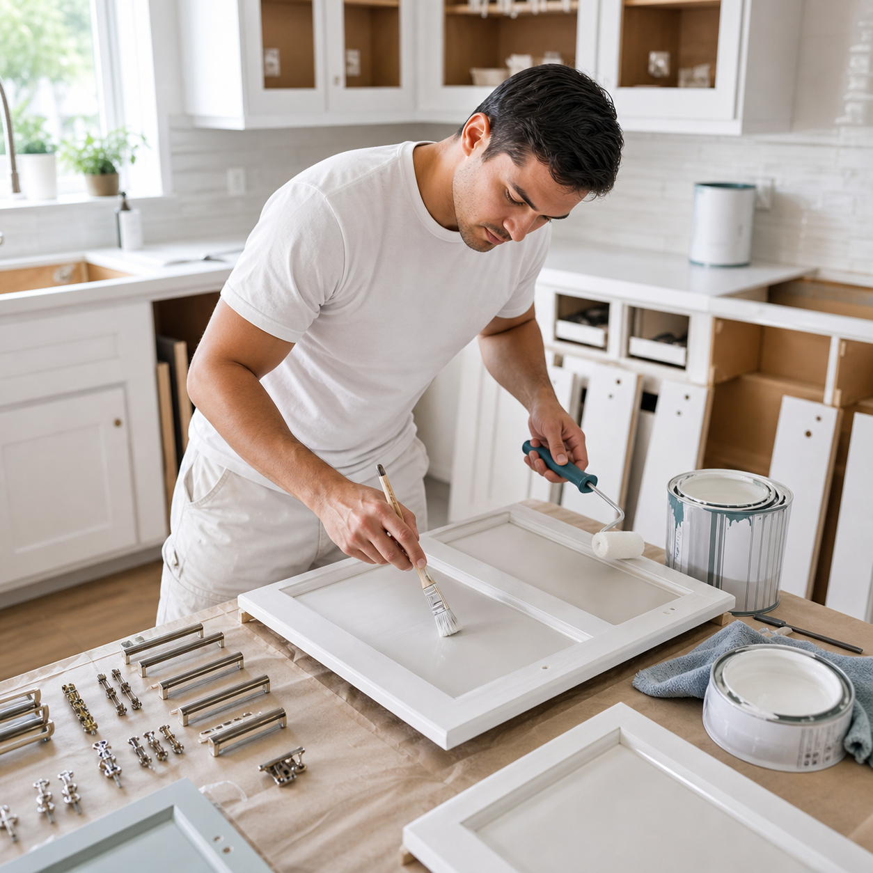 Pintor renovando gabinetes de cocina