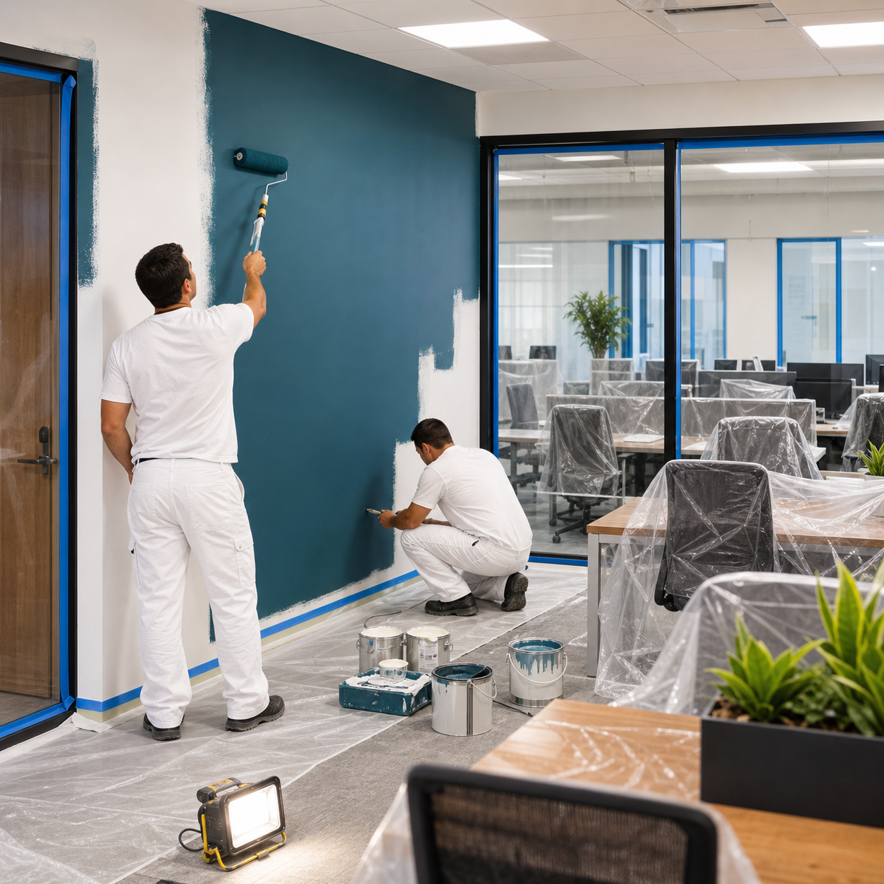 Pintores renovando una oficina comercial protegida